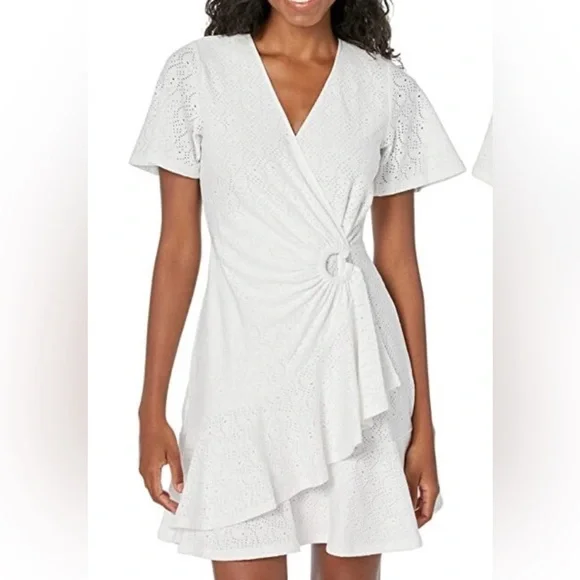 MICHAEL Michael Kors Flutter White Eyelet Wrap Mini Dress Women’s L Large - Picture 2 of 9